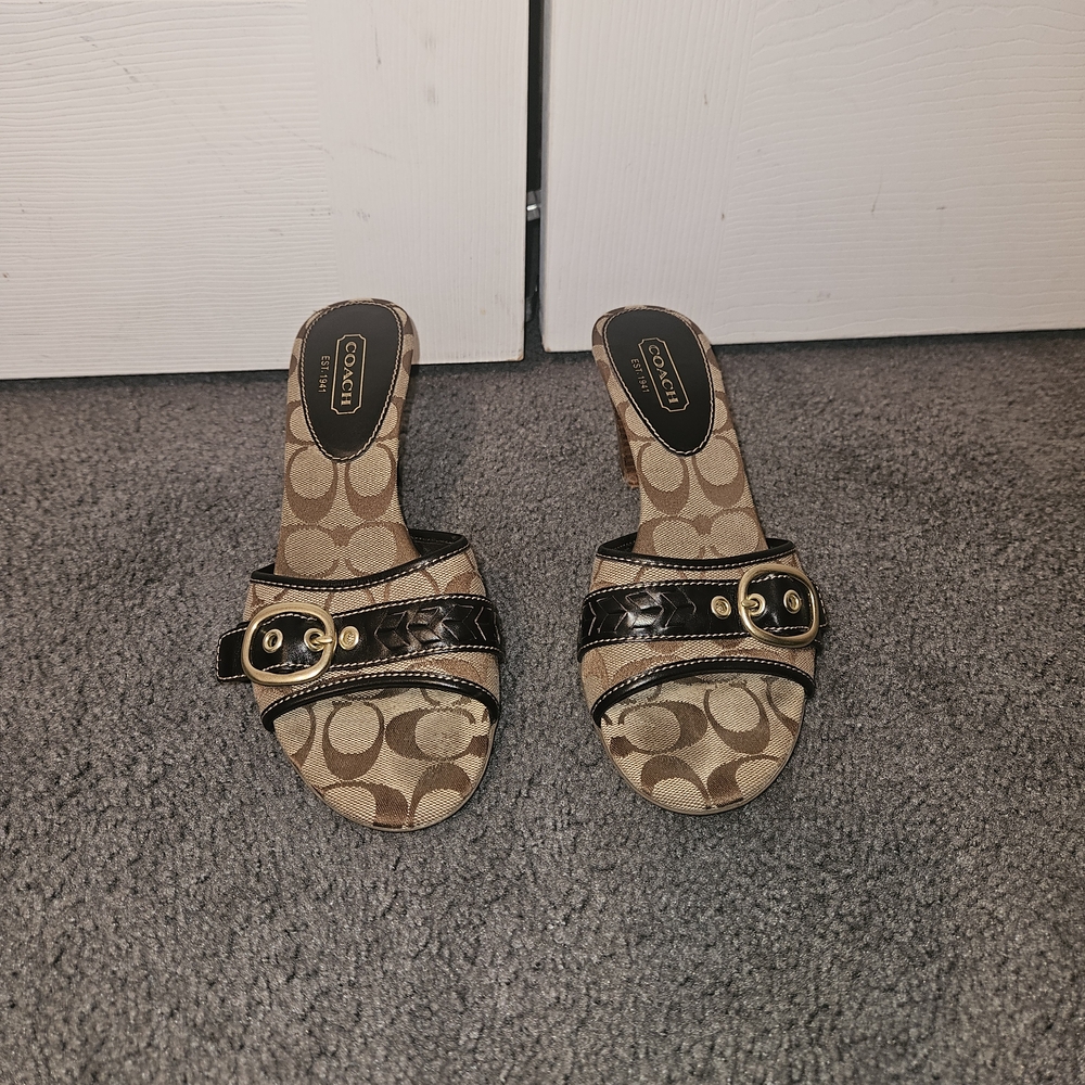 Coach Tan Signature Canvas Slide Sandals with Black Leather Trim